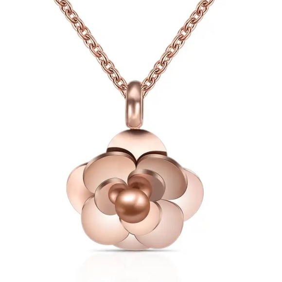Jewelry - Rose gold stainless steel Camellia necklace.